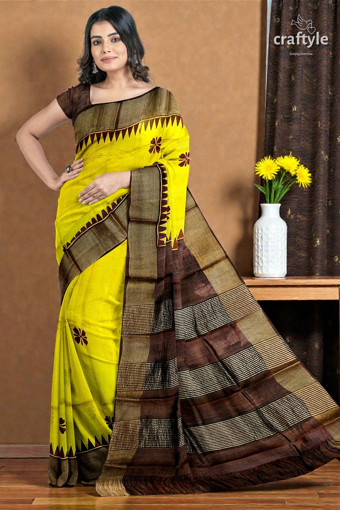 Yellow Coffee Brown Pure Tussar Saree with Hand Block Print Zari Border