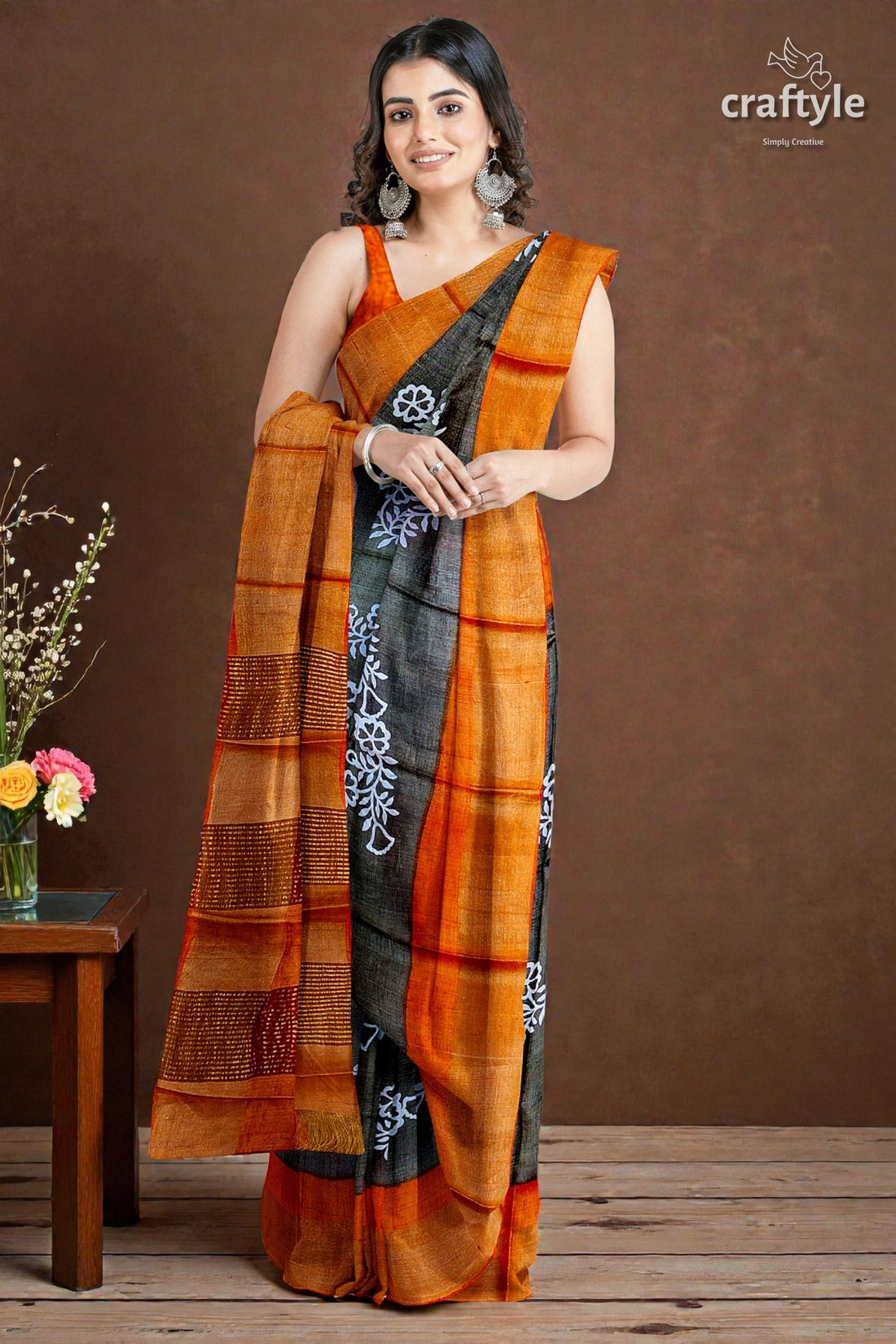 Pure Tussar Saree - Hand Block Print in Black Cocoa Brown with Zari Border
