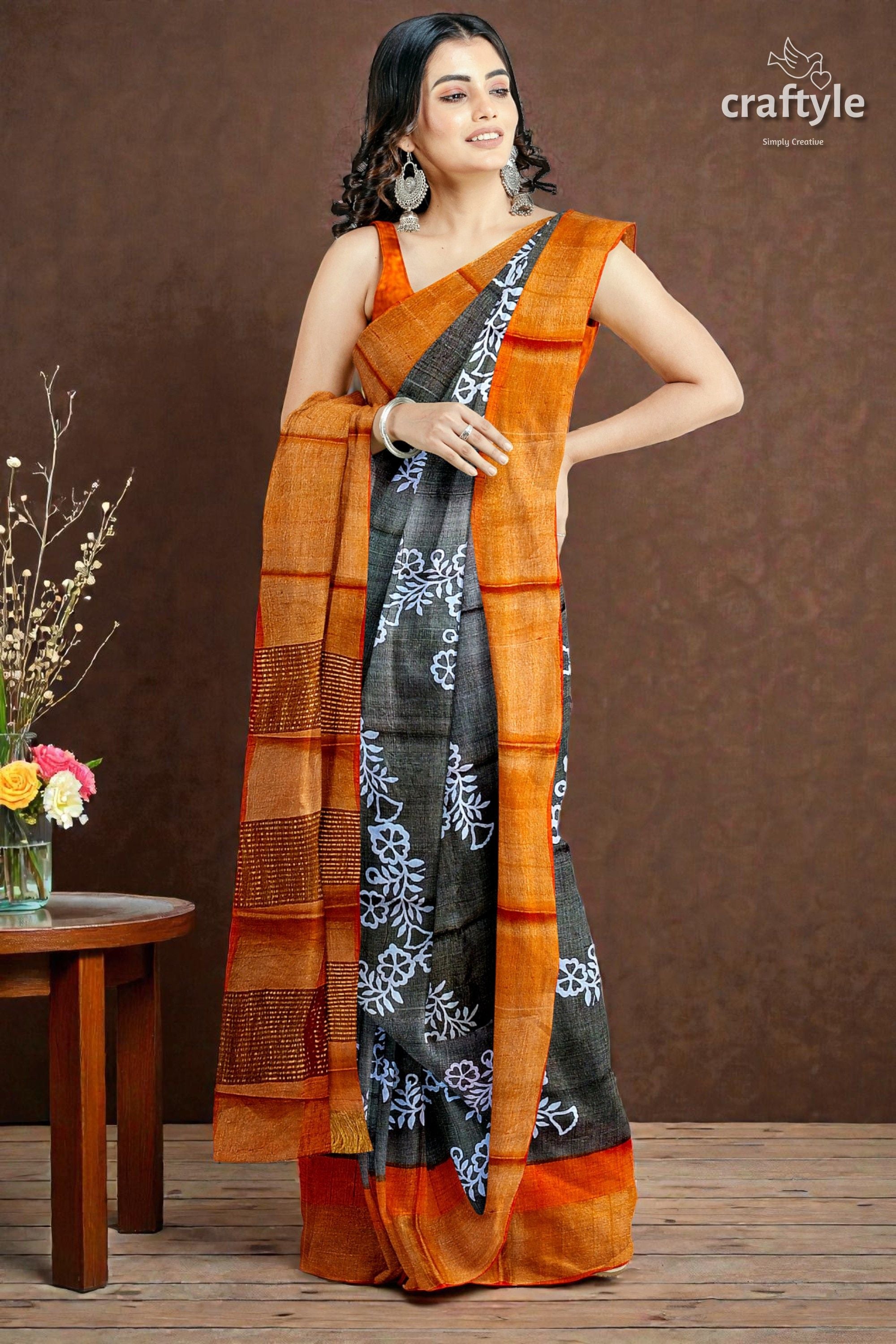 Pure Tussar Saree - Hand Block Print in Black Cocoa Brown with Zari Border