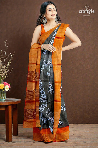 Pure Tussar Saree - Hand Block Print in Black Cocoa Brown with Zari Border