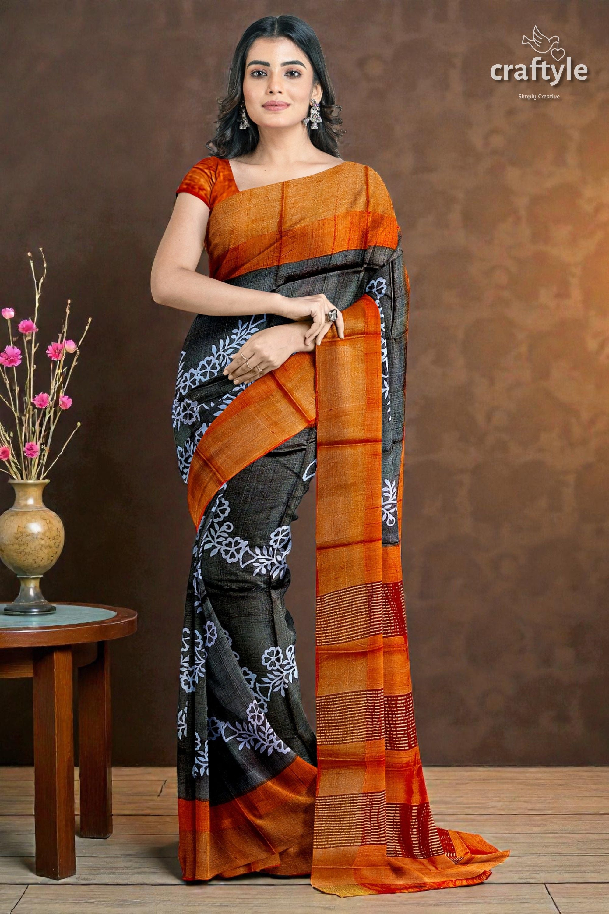Pure Tussar Saree - Hand Block Print in Black Cocoa Brown with Zari Border
