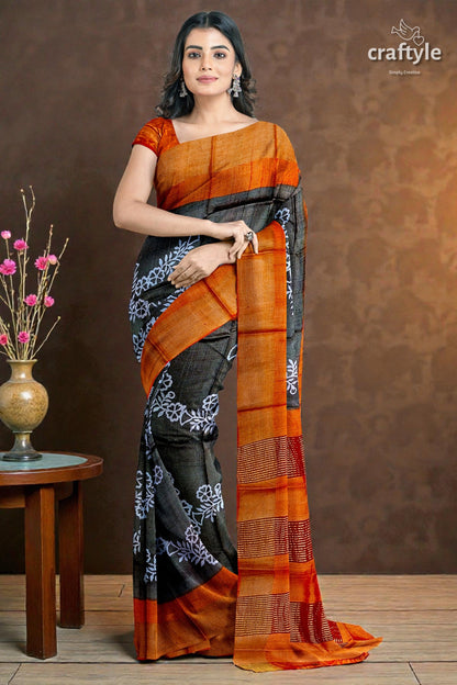 Pure Tussar Saree - Hand Block Print in Black Cocoa Brown with Zari Border