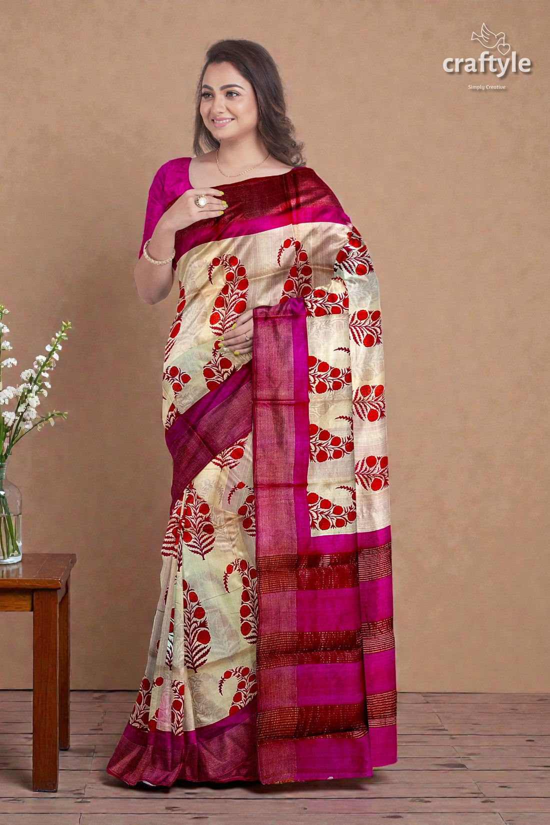 Soft Peach Magenta Hand Block Print Saree with Zari Border - Pure Tussar Silk