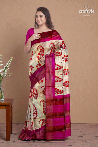 Soft Peach Magenta Hand Block Print Saree with Zari Border - Pure Tussar Silk