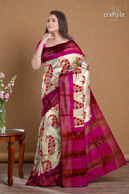 Soft Peach Magenta Hand Block Print Saree with Zari Border - Pure Tussar Silk