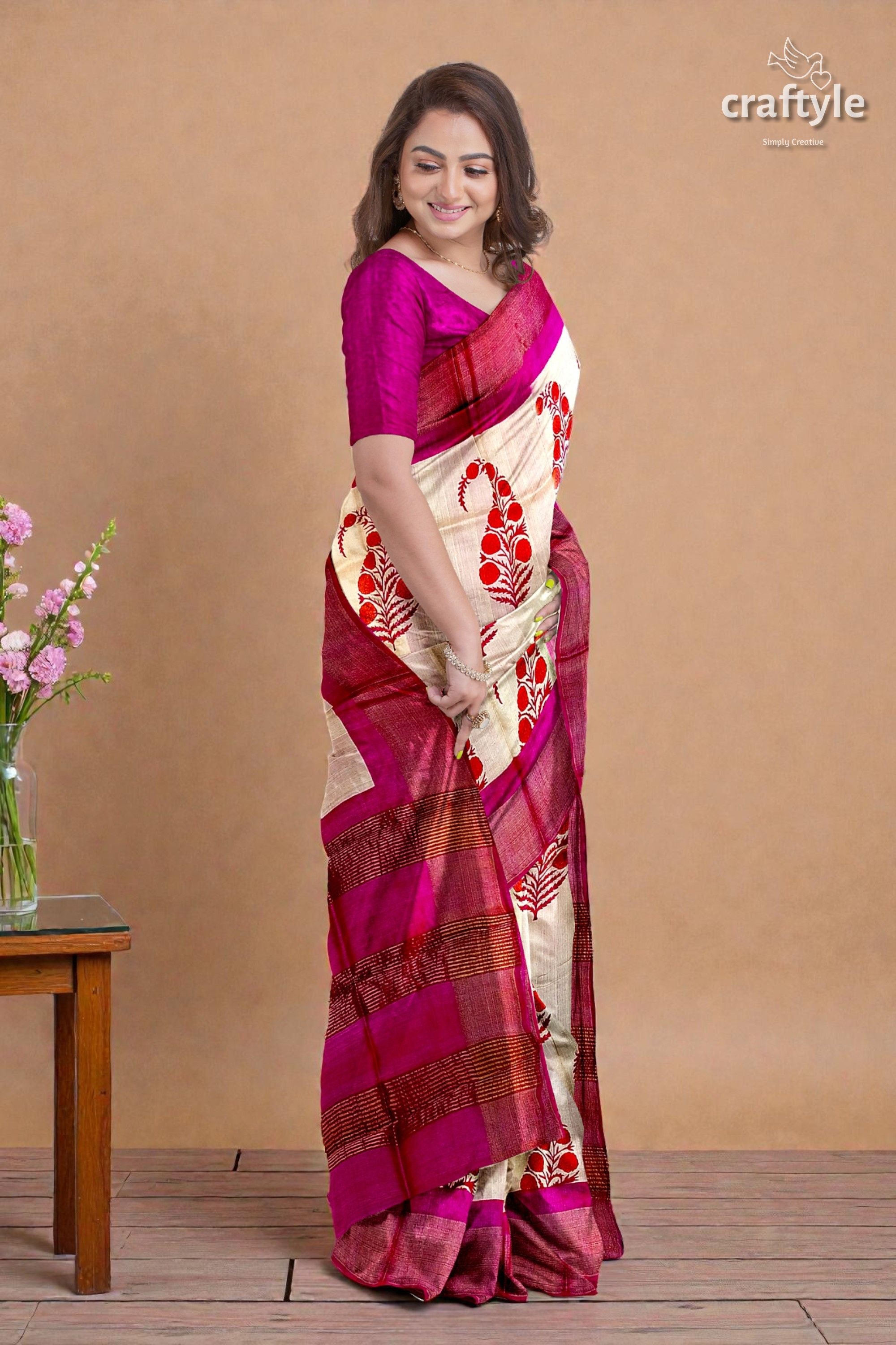 Soft Peach Magenta Hand Block Print Saree with Zari Border - Pure Tussar Silk