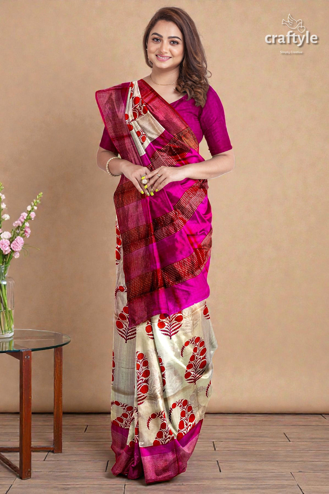 Soft Peach Magenta Hand Block Print Saree with Zari Border - Pure Tussar Silk