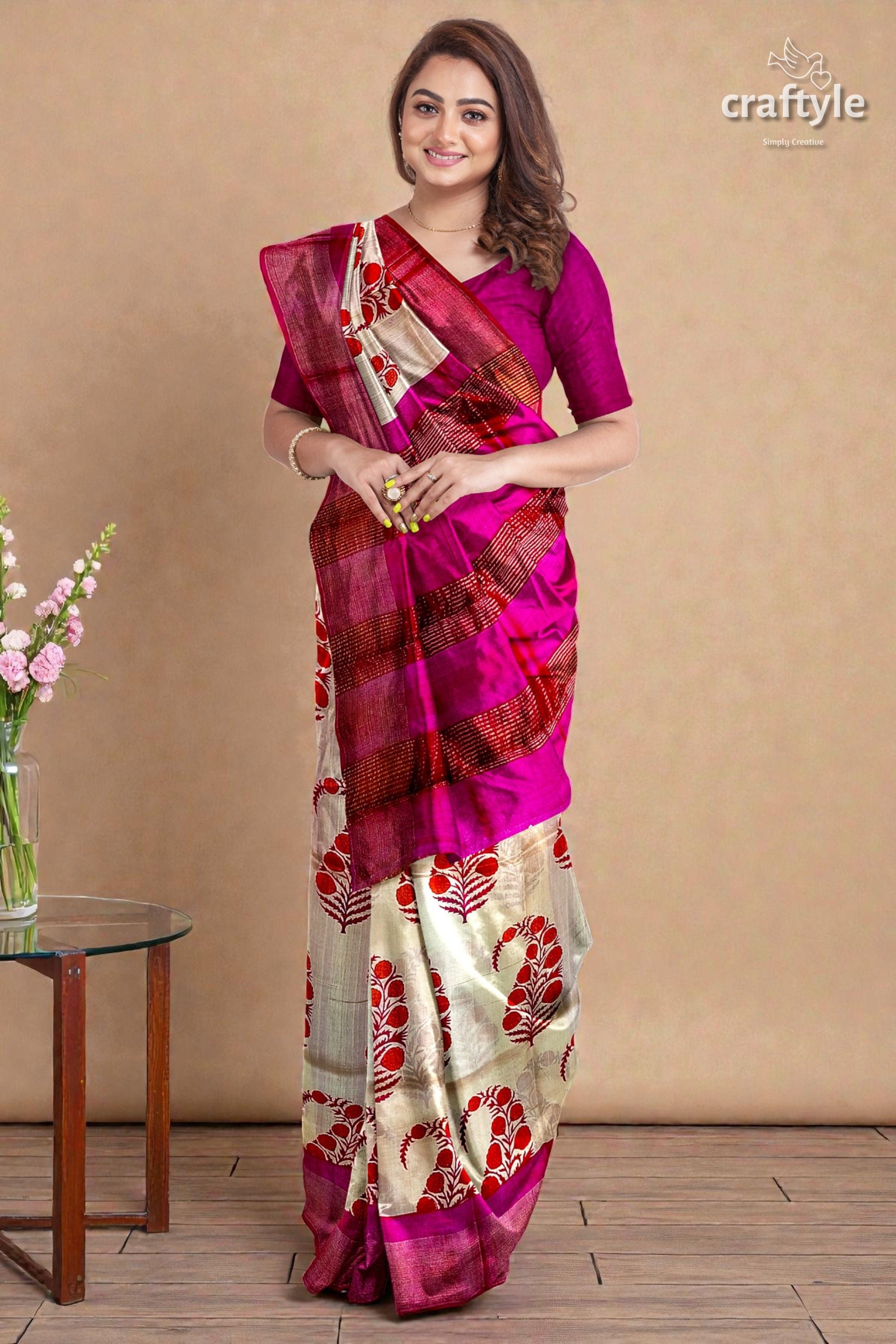 Soft Peach Magenta Hand Block Print Saree with Zari Border - Pure Tussar Silk