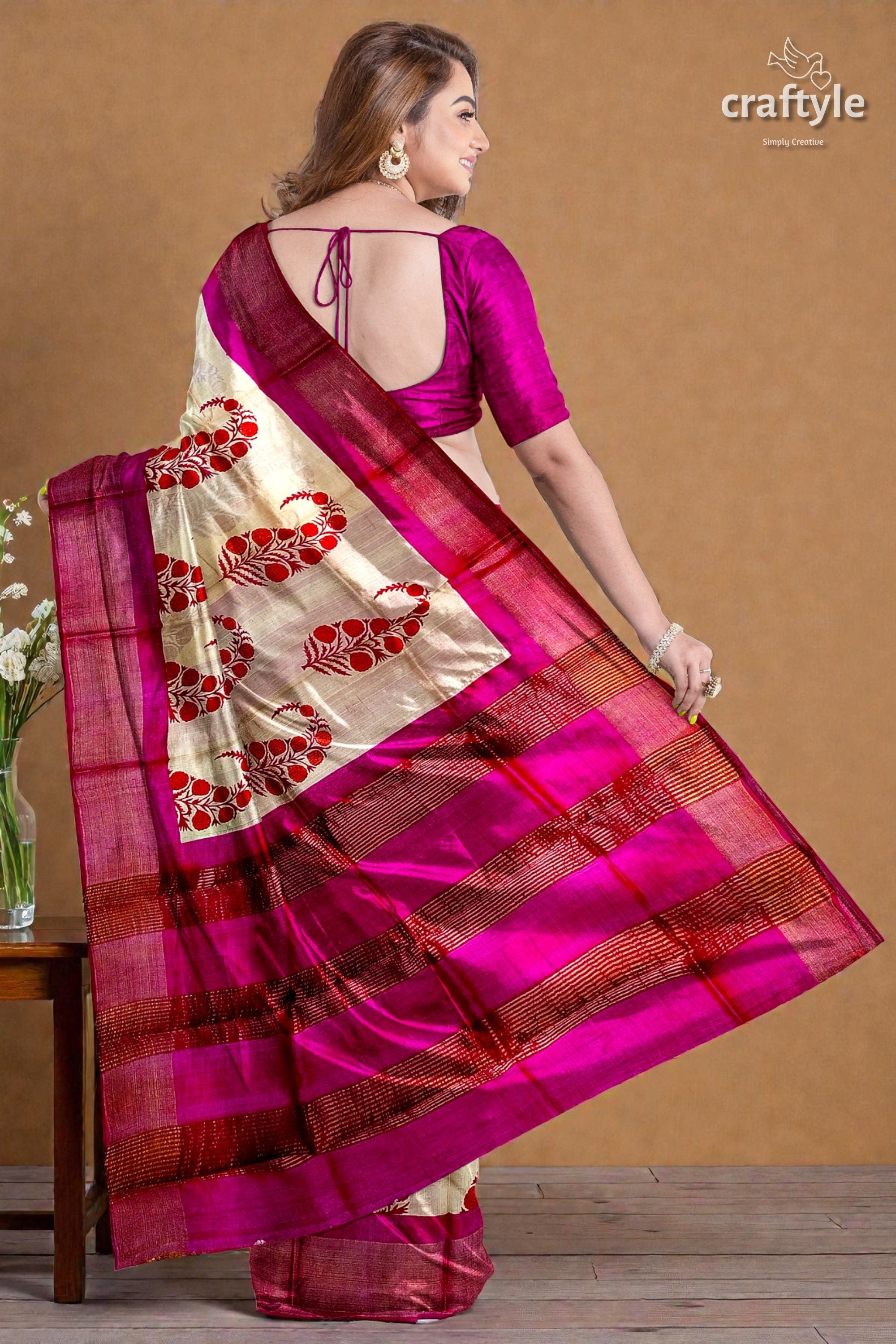 Soft Peach Magenta Hand Block Print Saree with Zari Border - Pure Tussar Silk