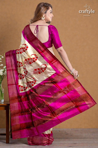 Soft Peach Magenta Hand Block Print Saree with Zari Border - Pure Tussar Silk
