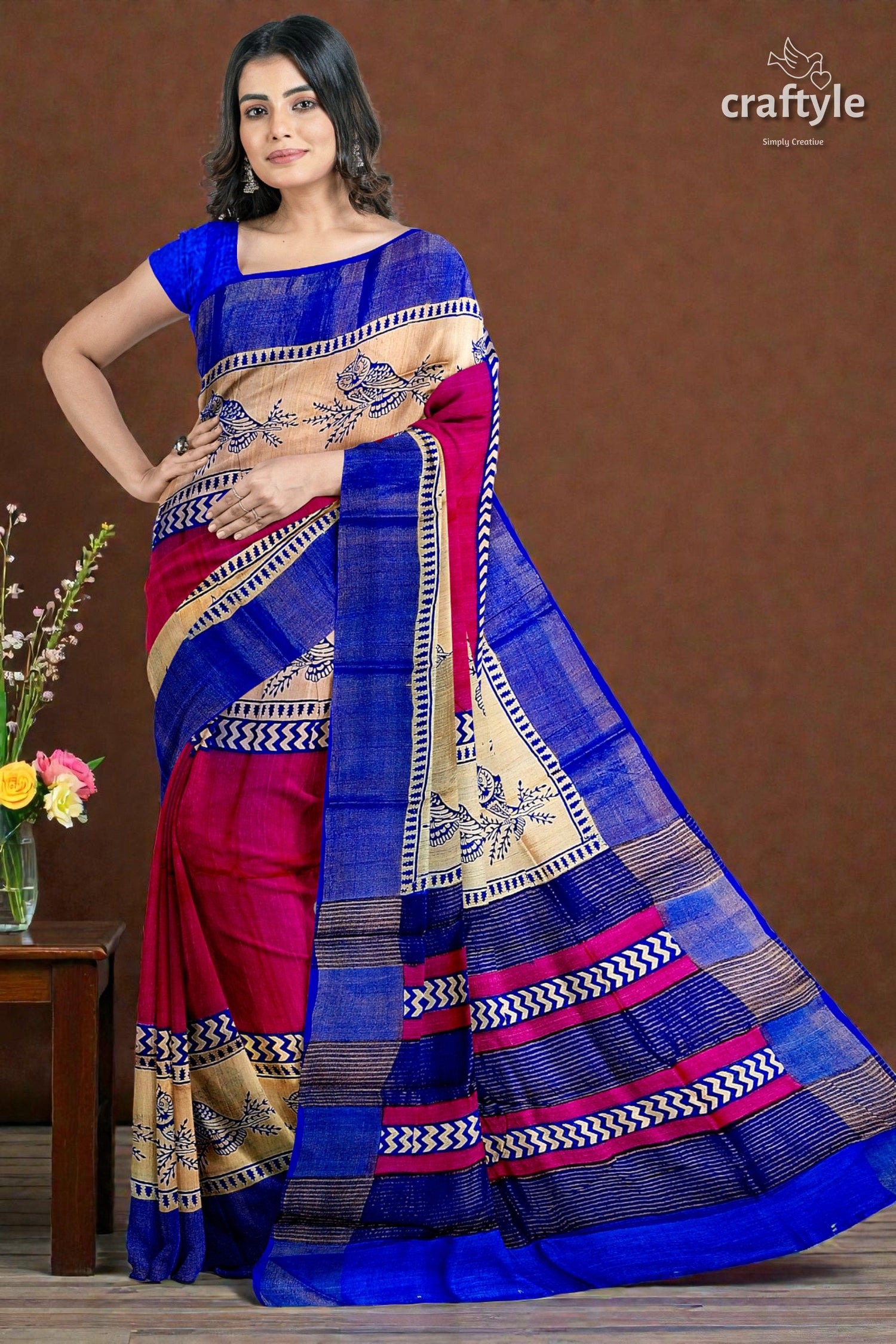 Rose Red Blue Hand Block Print Zari Pure Tussar Saree - Indian Ethnic Wear