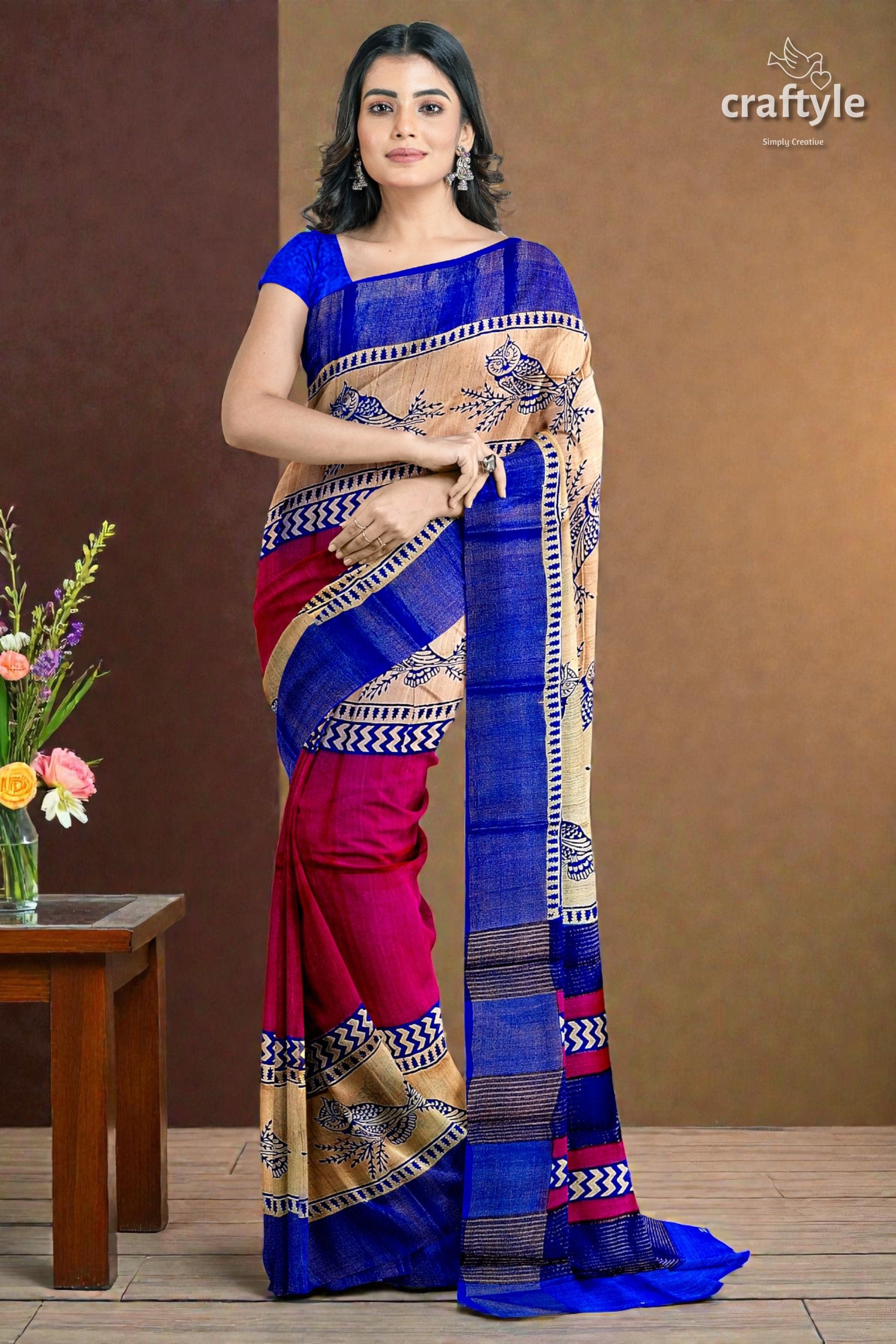 Rose Red Blue Hand Block Print Zari Pure Tussar Saree - Indian Ethnic Wear