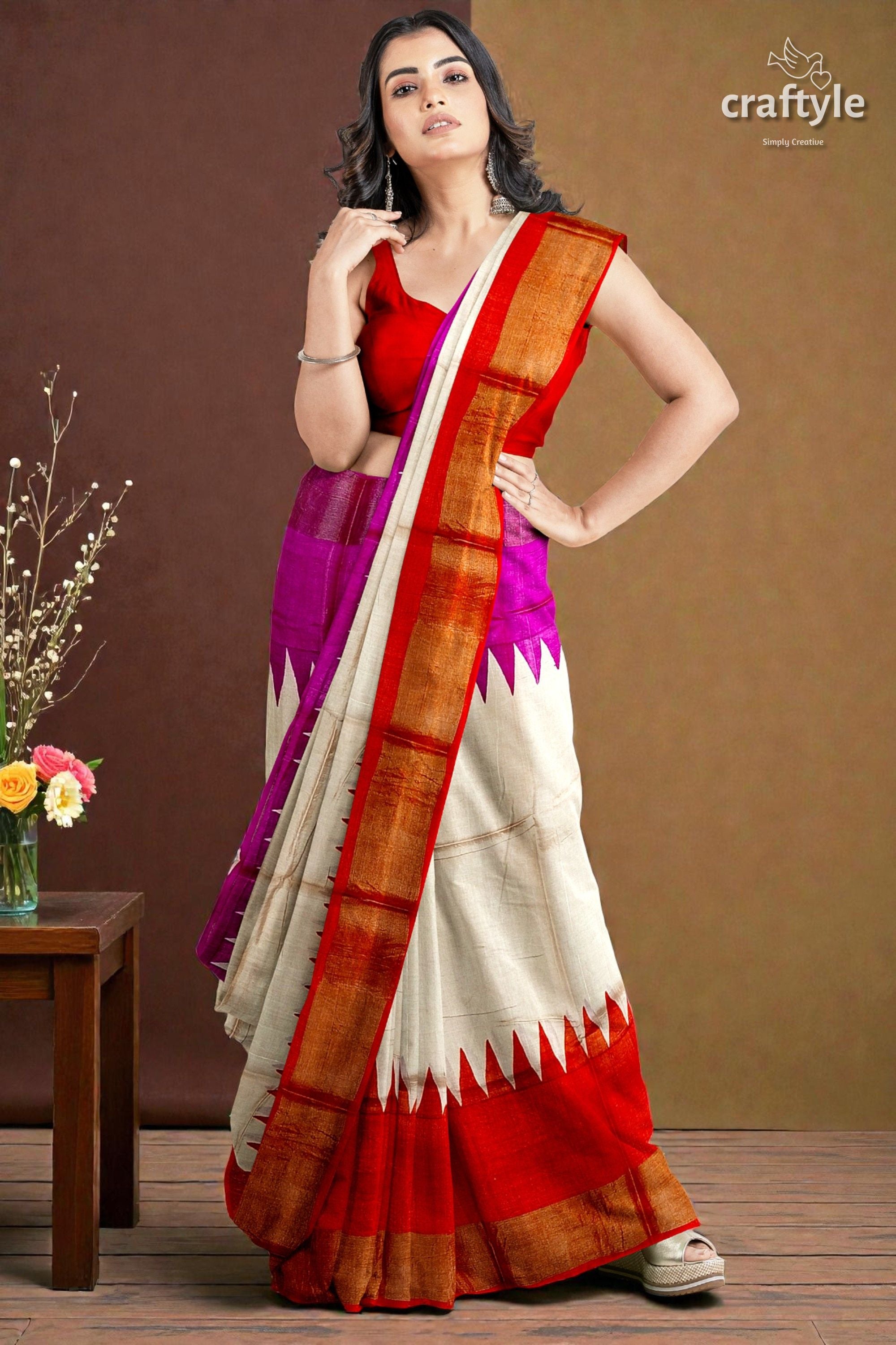 Magenta Orange Hand Block Print Tussar Saree with Zari Border - Ganga Yamuna Design