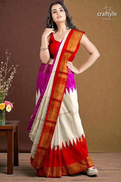 Magenta Orange Hand Block Print Tussar Saree with Zari Border - Ganga Yamuna Design