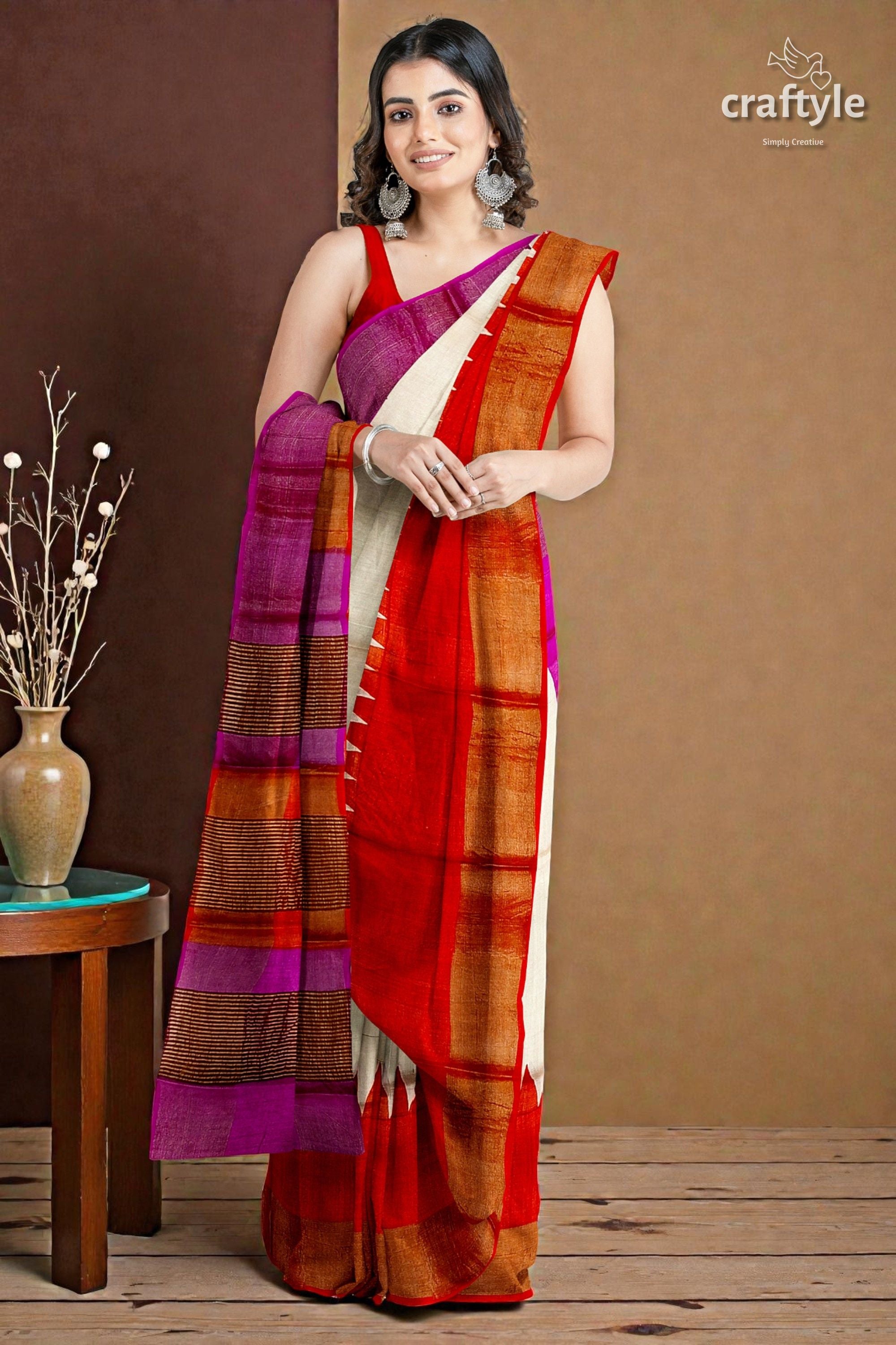 Magenta Orange Hand Block Print Tussar Saree with Zari Border - Ganga Yamuna Design
