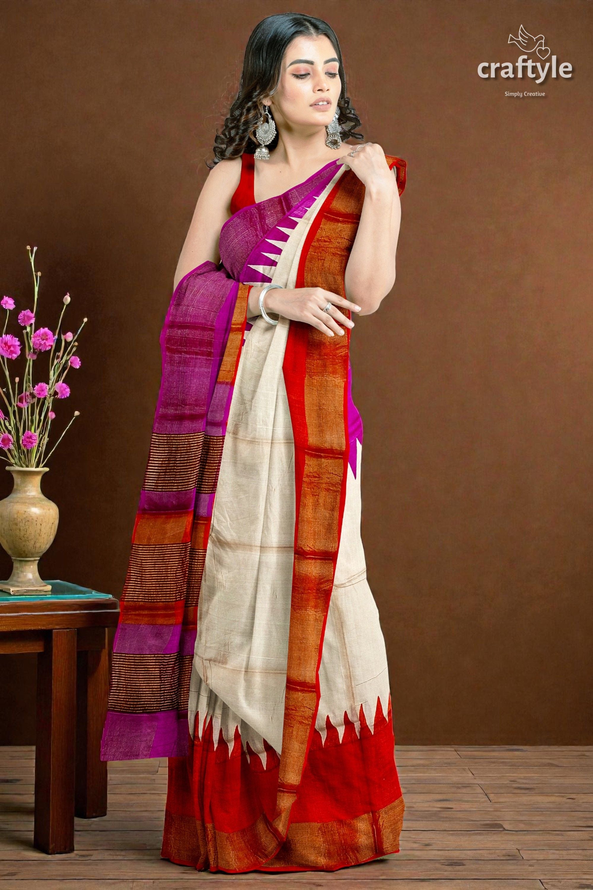 Magenta Orange Hand Block Print Tussar Saree with Zari Border - Ganga Yamuna Design