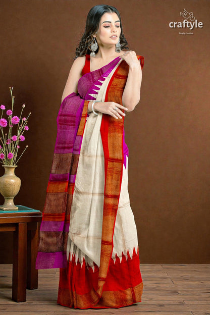 Magenta Orange Hand Block Print Tussar Saree with Zari Border - Ganga Yamuna Design