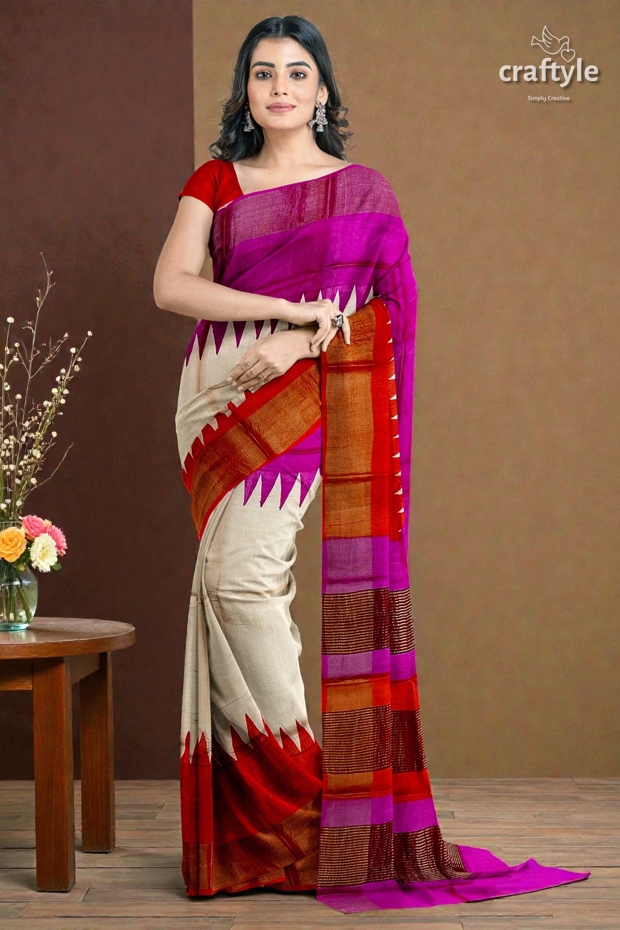 Magenta Orange Hand Block Print Tussar Saree with Zari Border - Ganga Yamuna Design