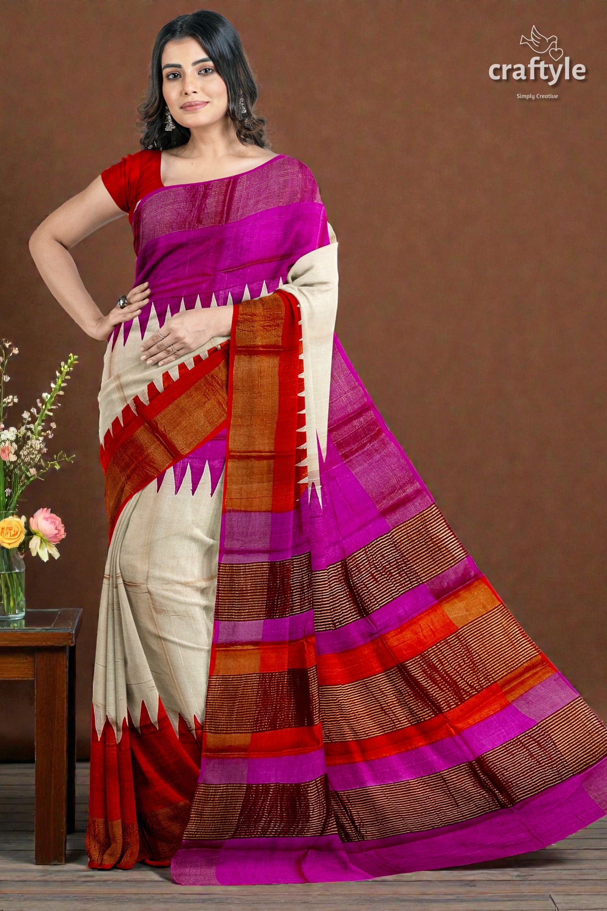 Magenta Orange Hand Block Print Tussar Saree with Zari Border - Ganga Yamuna Design