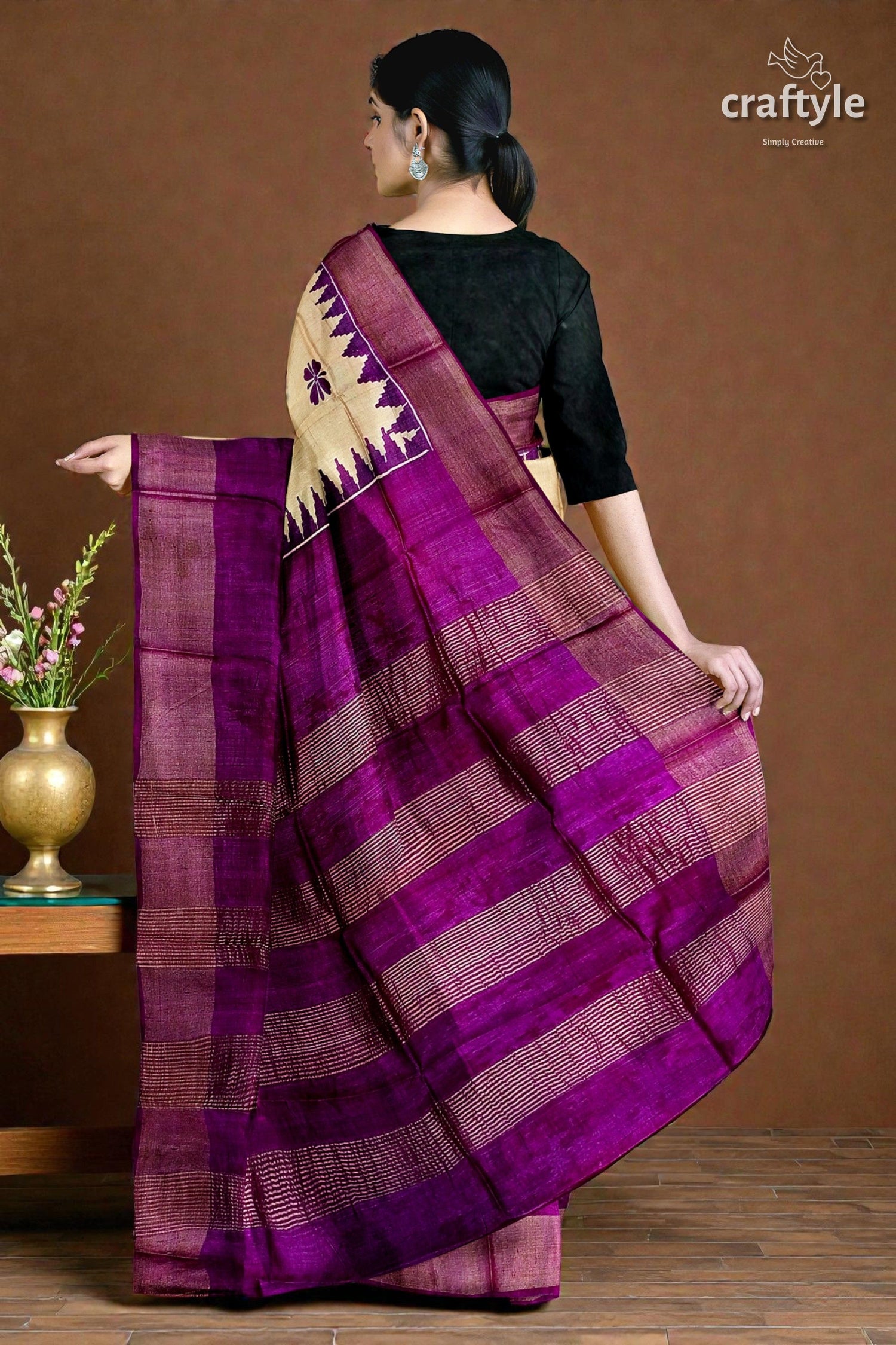 Cream and Eminence Purple Pure Zari Tussar Saree - Block Print Design