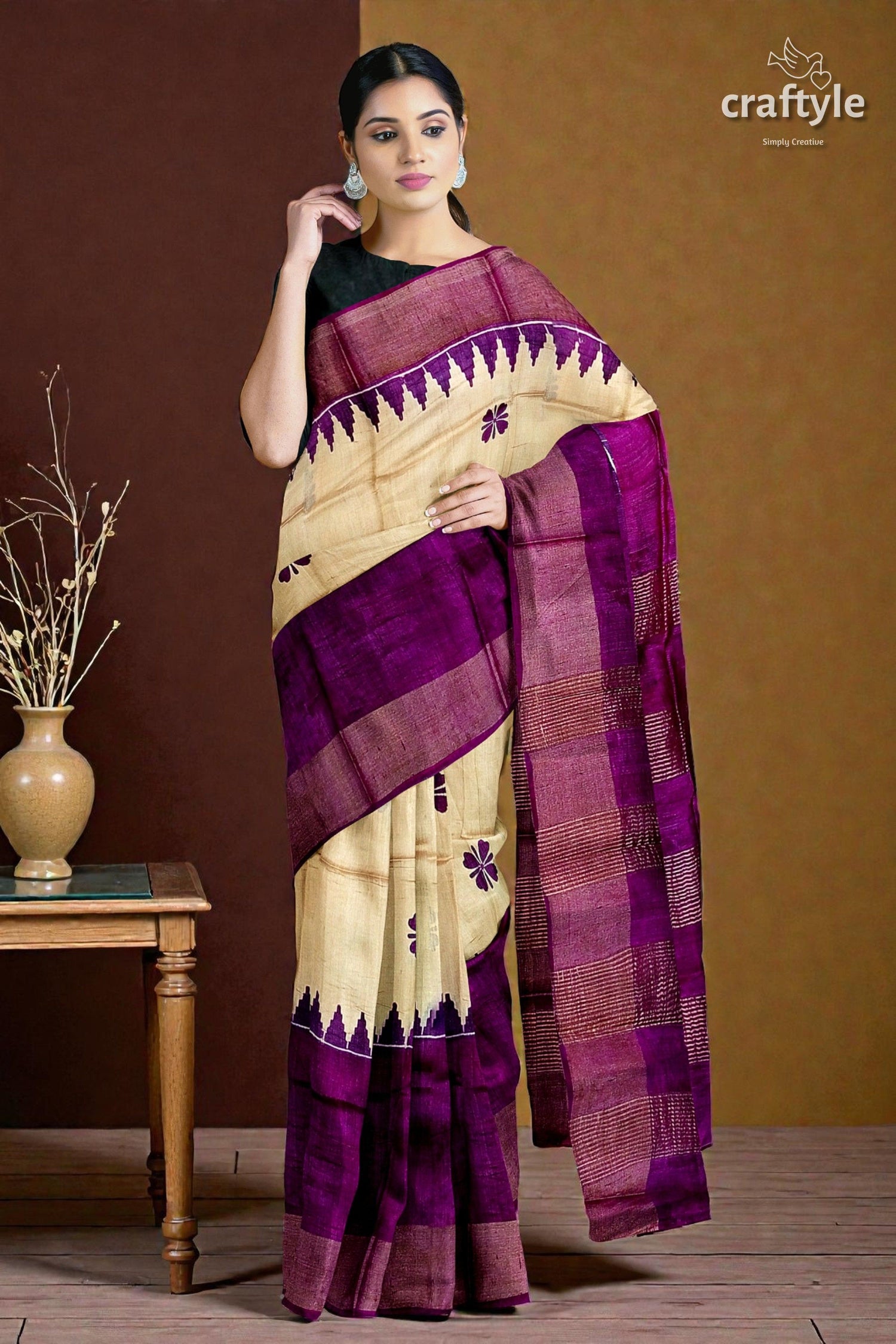 Cream and Eminence Purple Pure Zari Tussar Saree - Block Print Design