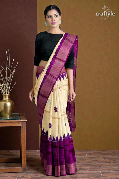 Cream and Eminence Purple Pure Zari Tussar Saree - Block Print Design