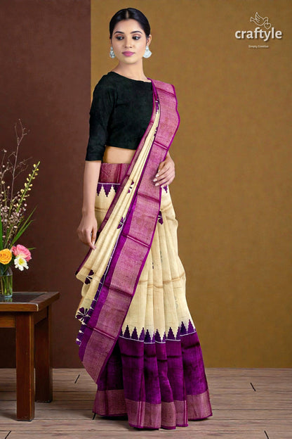 Cream and Eminence Purple Pure Zari Tussar Saree - Block Print Design