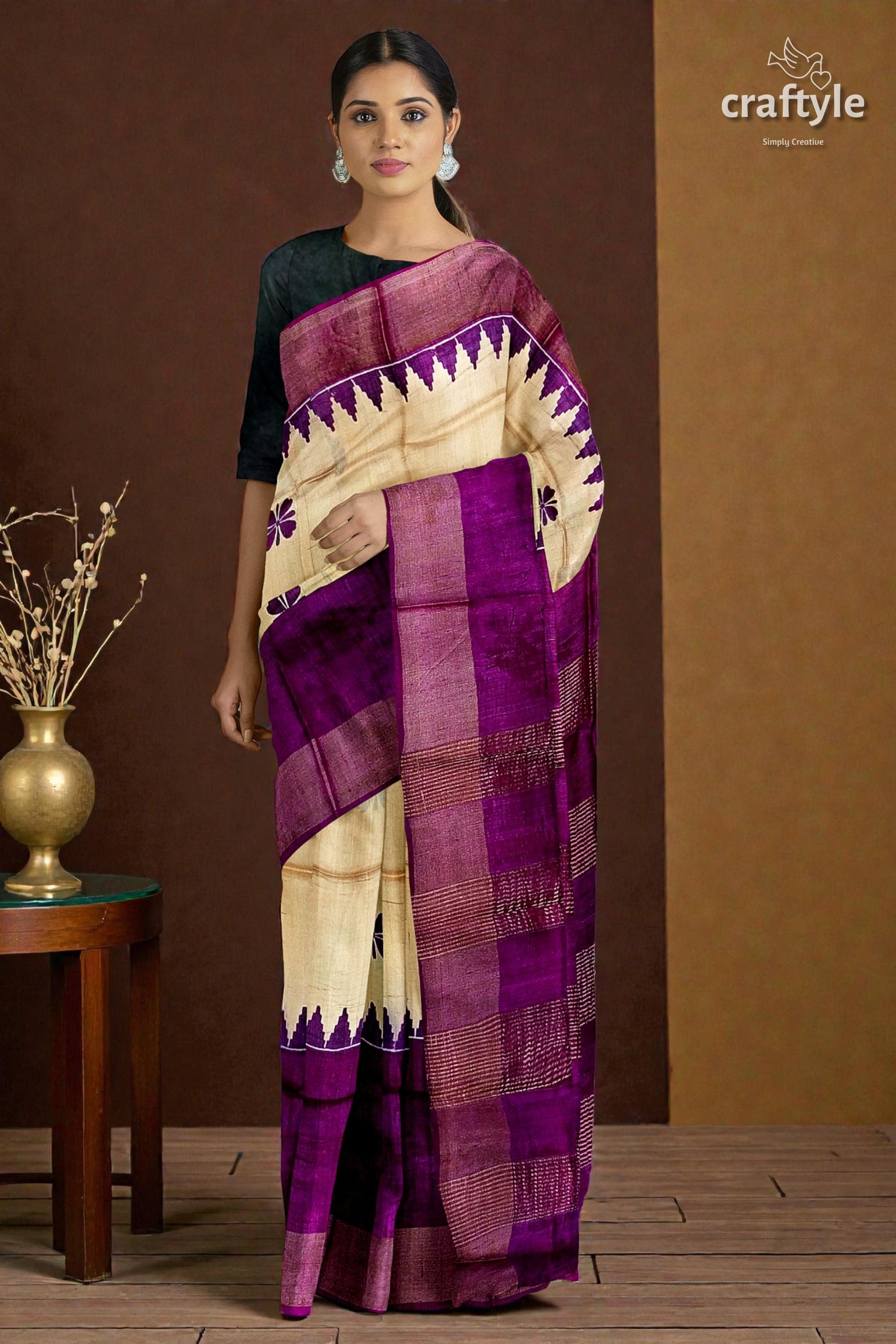 Cream and Eminence Purple Pure Zari Tussar Saree - Block Print Design