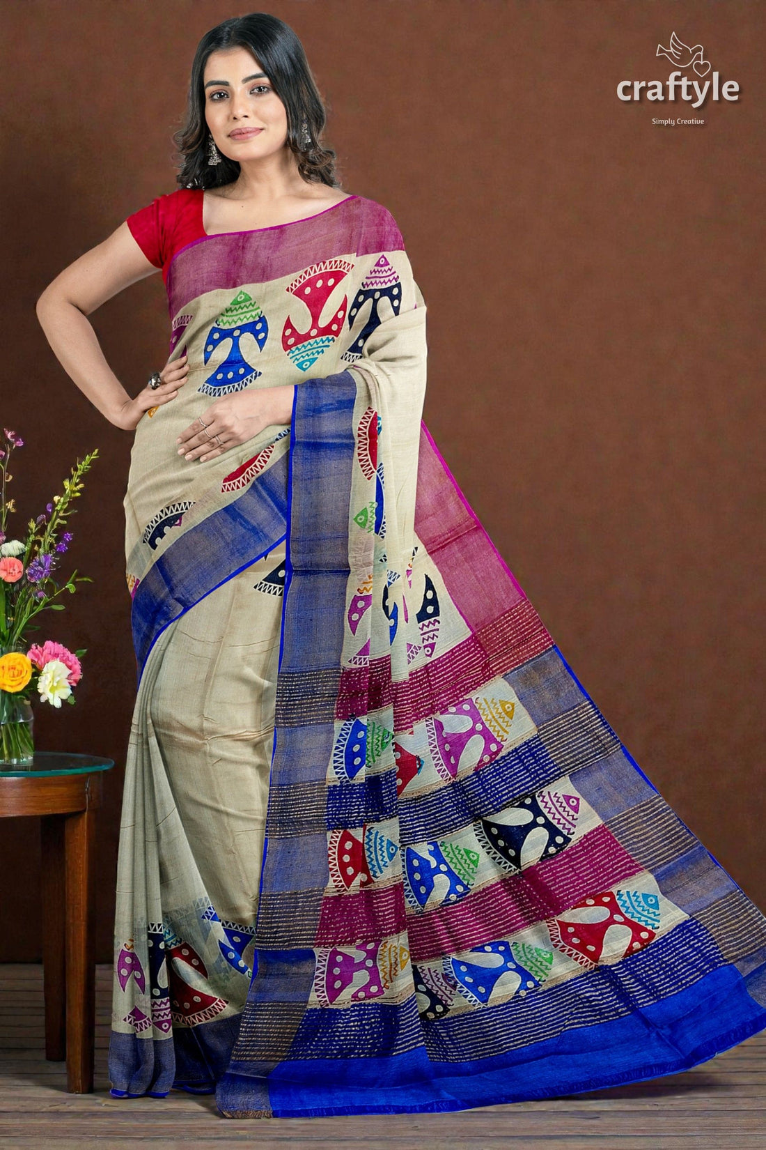 Multicolor Fish Motif Hand Block Print Zari Border Pure Tussar Silk Saree