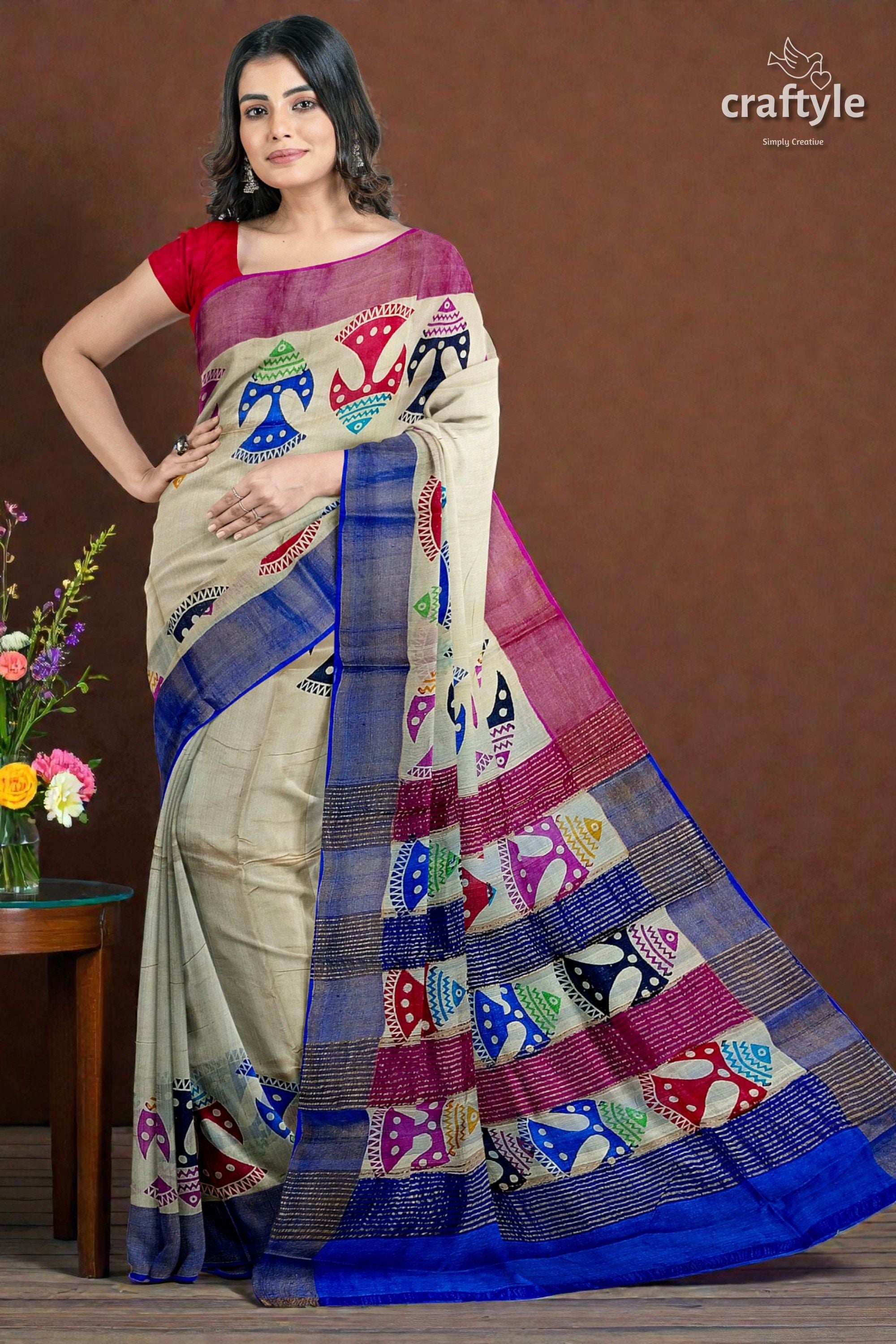 Multicolor Fish Motif Hand Block Print Zari Border Pure Tussar Silk Saree