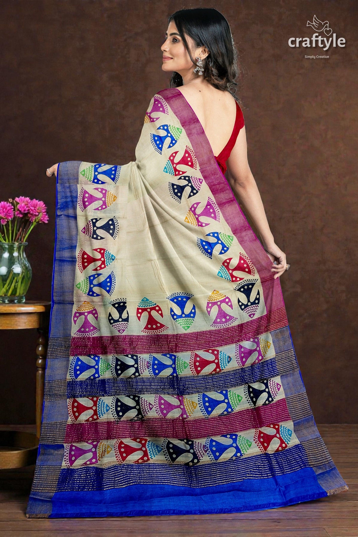 Multicolor Fish Motif Hand Block Print Zari Border Pure Tussar Silk Saree