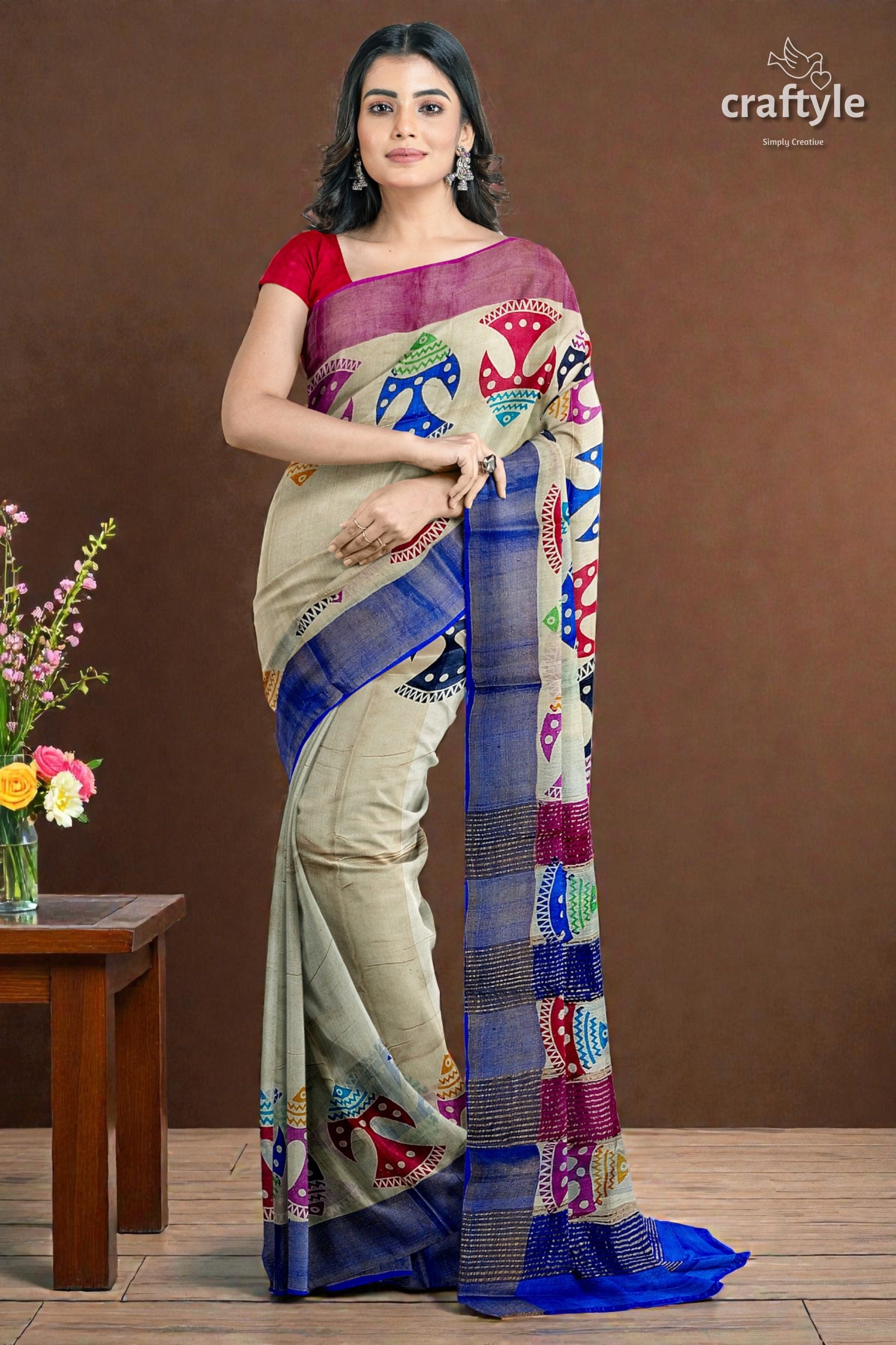 Multicolor Fish Motif Hand Block Print Zari Border Pure Tussar Silk Saree