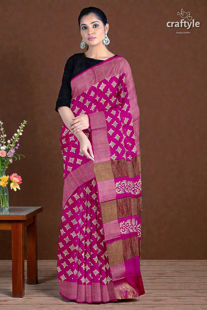 Magenta White Hand Block Print Zari Border Pure Tussar Silk Saree