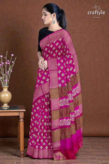Magenta White Hand Block Print Zari Border Pure Tussar Silk Saree
