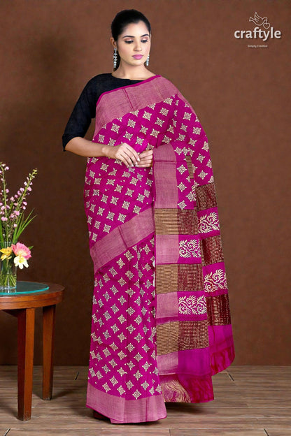 Magenta White Hand Block Print Zari Border Pure Tussar Silk Saree