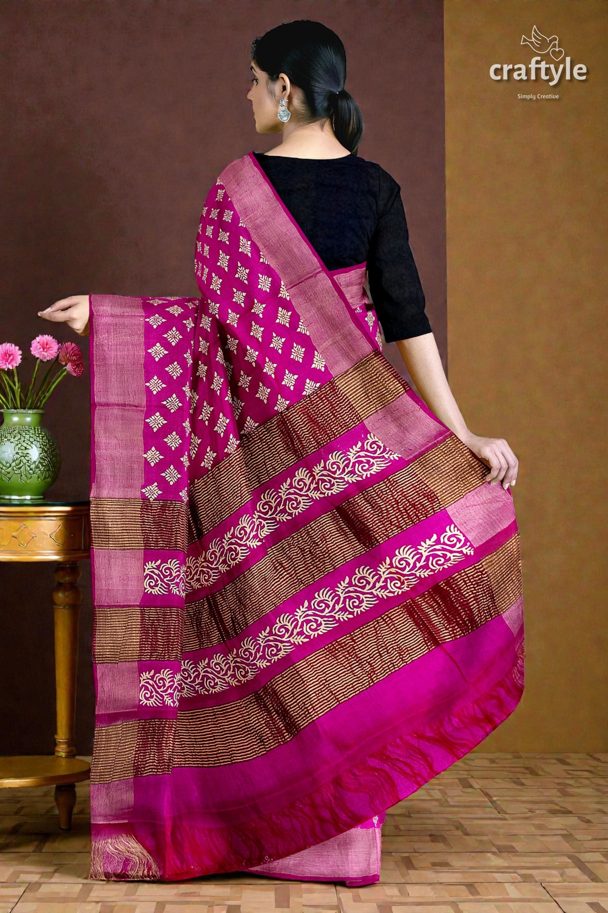 Magenta White Hand Block Print Zari Border Pure Tussar Silk Saree