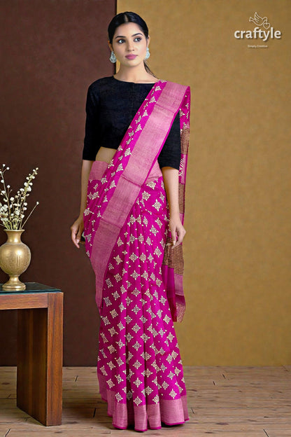 Magenta White Hand Block Print Zari Border Pure Tussar Silk Saree