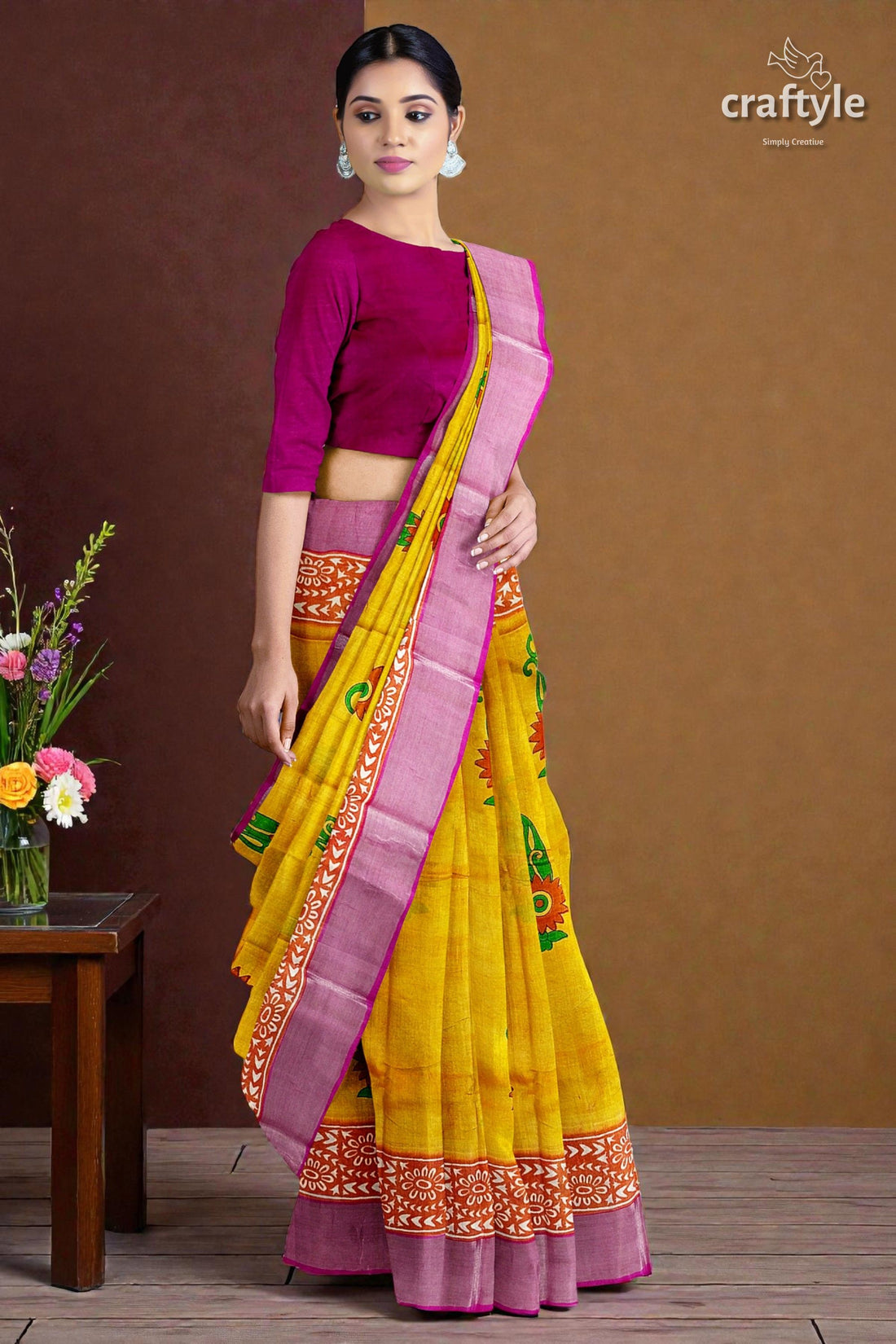 Lightning Yellow Hand Block Print Pure Tussar Saree with Zari Border
