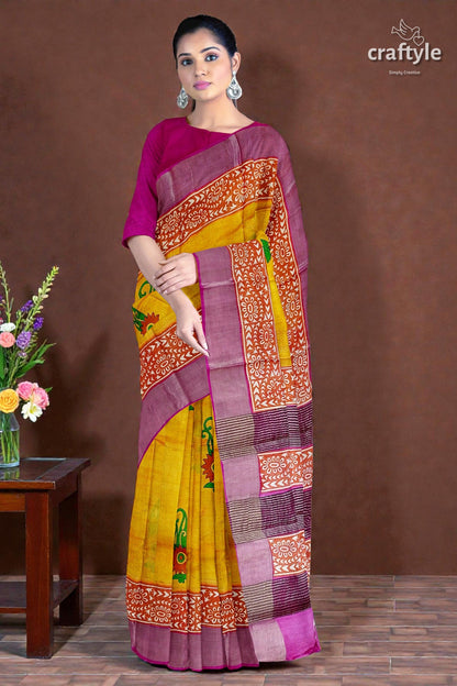 Lightning Yellow Hand Block Print Pure Tussar Saree with Zari Border