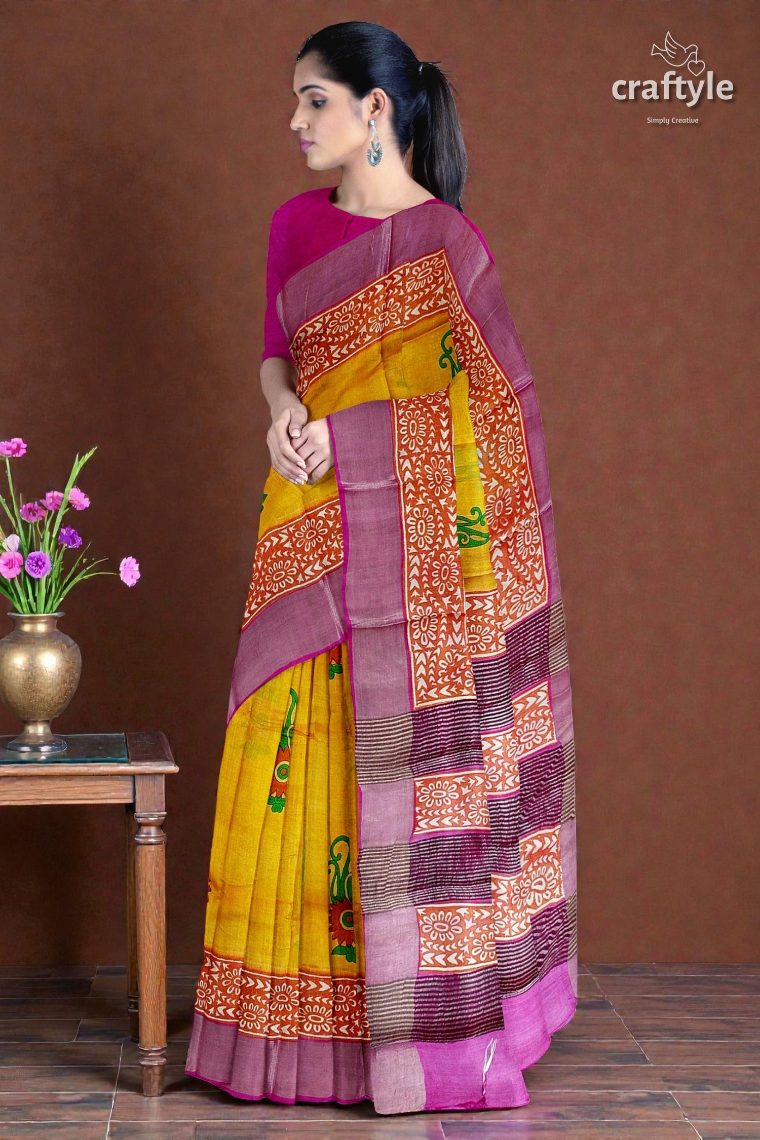 Lightning Yellow Hand Block Print Pure Tussar Saree with Zari Border