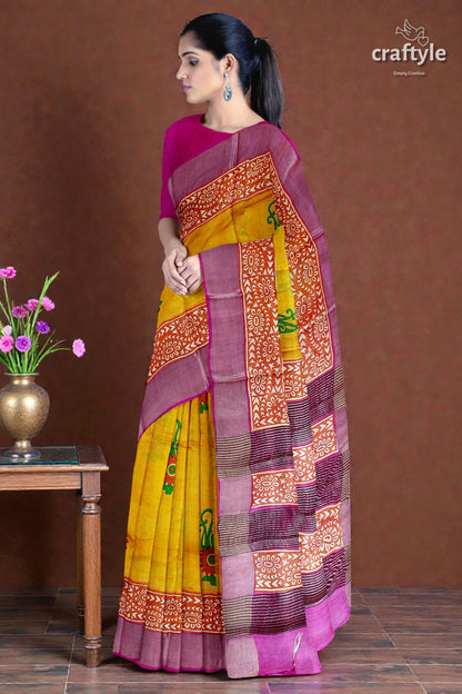 Lightning Yellow Hand Block Print Pure Tussar Saree with Zari Border