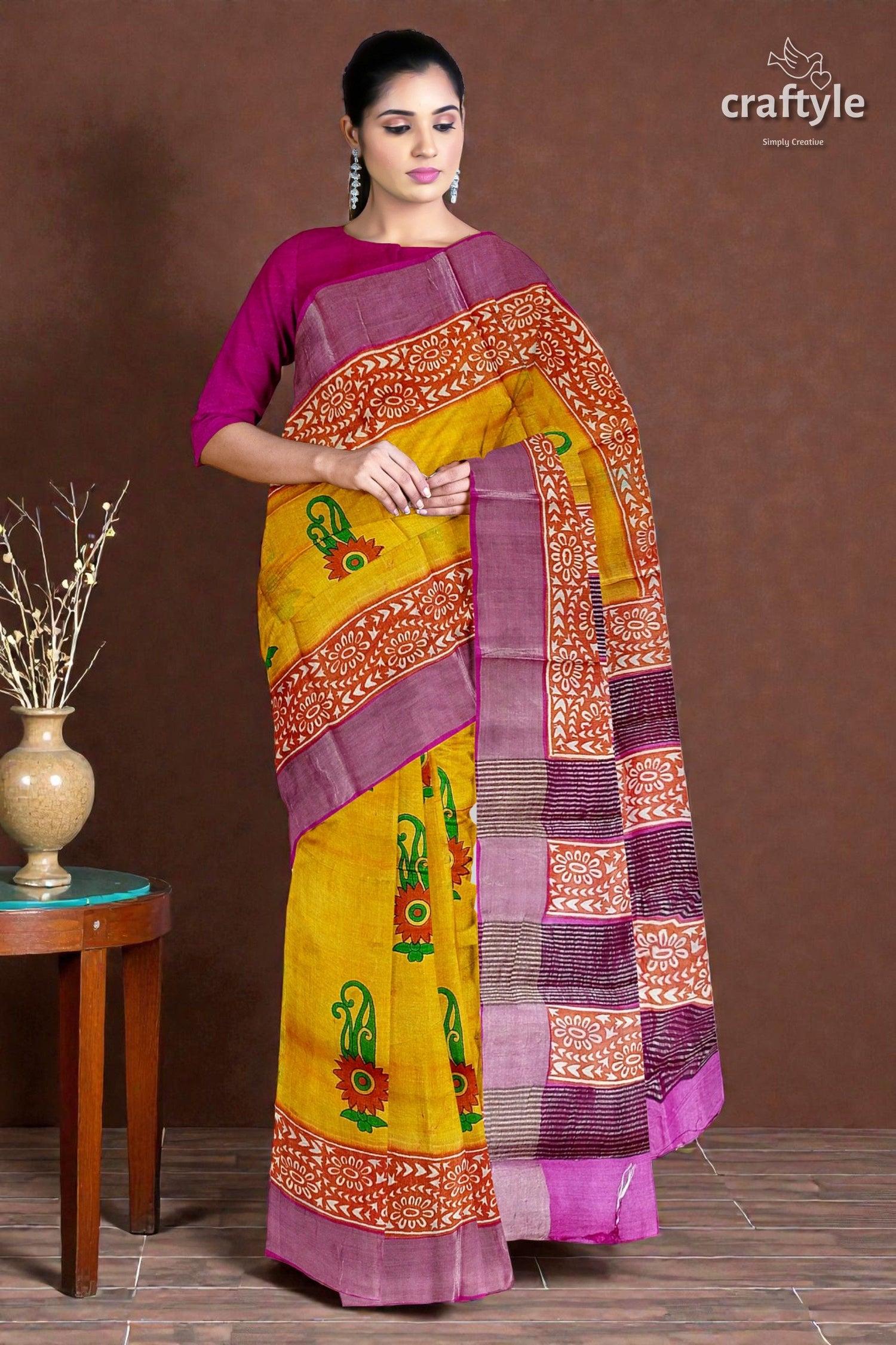 Lightning Yellow Hand Block Print Pure Tussar Saree with Zari Border