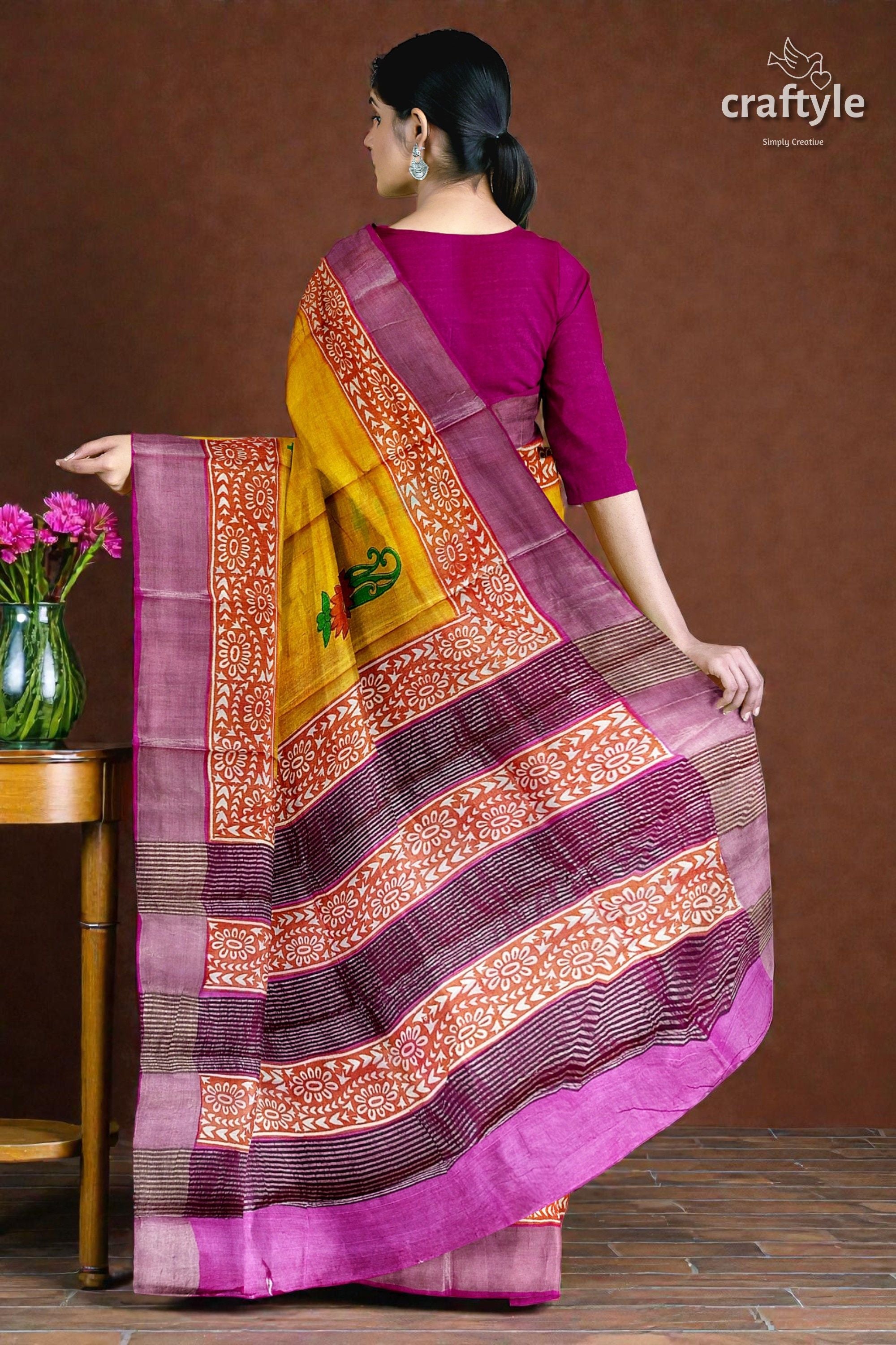 Lightning Yellow Hand Block Print Pure Tussar Saree with Zari Border
