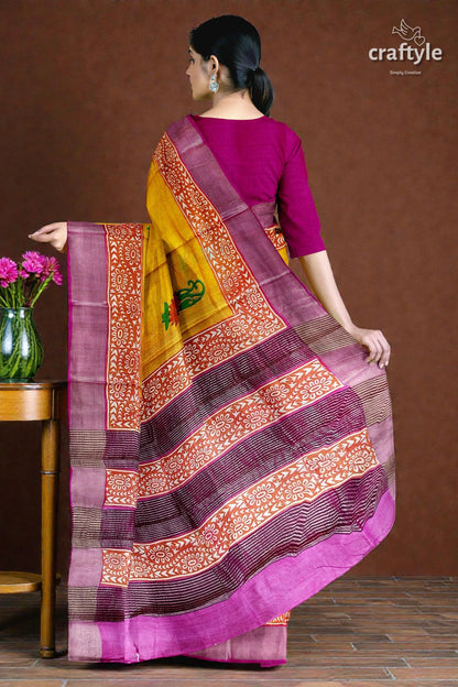 Lightning Yellow Hand Block Print Pure Tussar Saree with Zari Border
