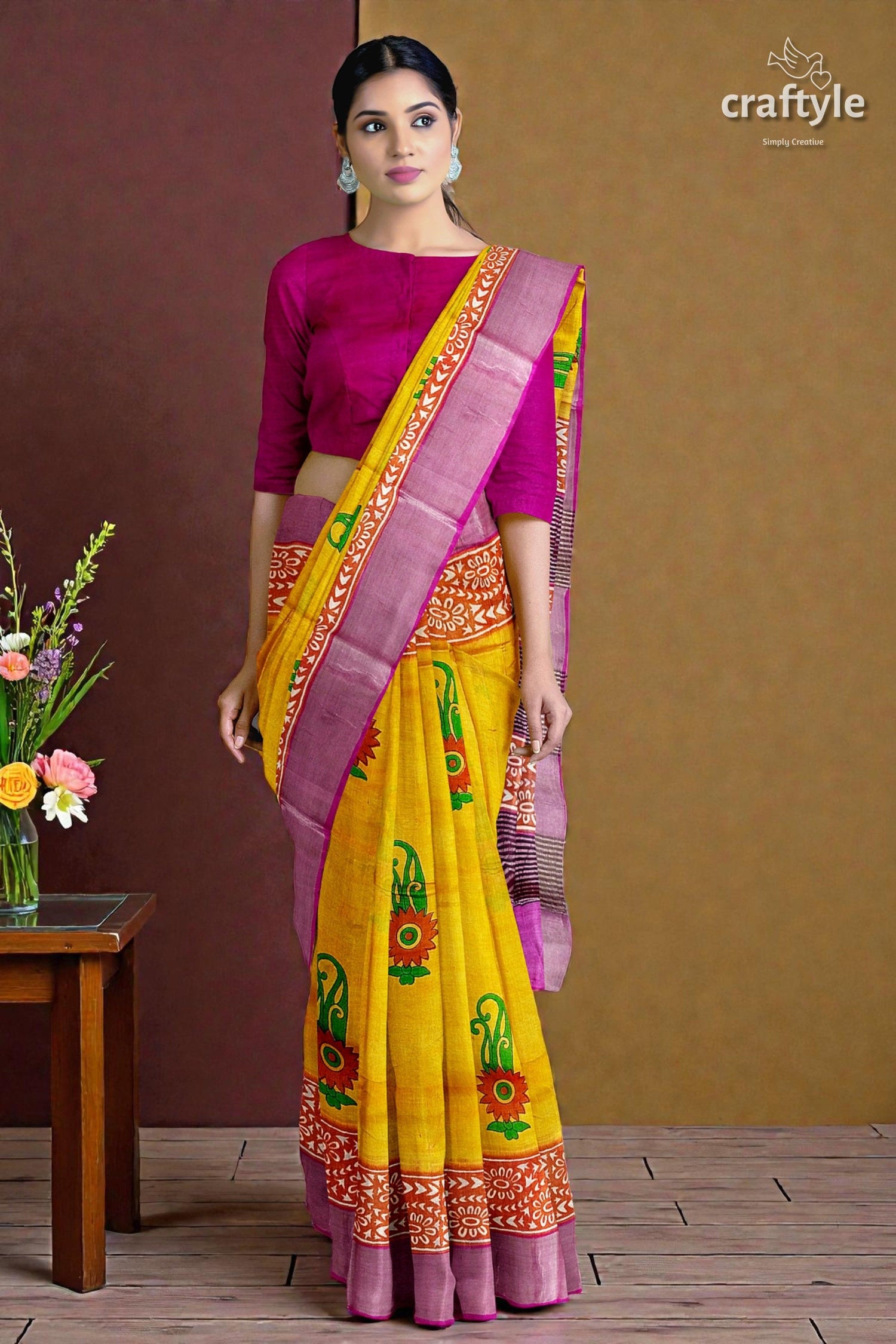 Lightning Yellow Hand Block Print Pure Tussar Saree with Zari Border