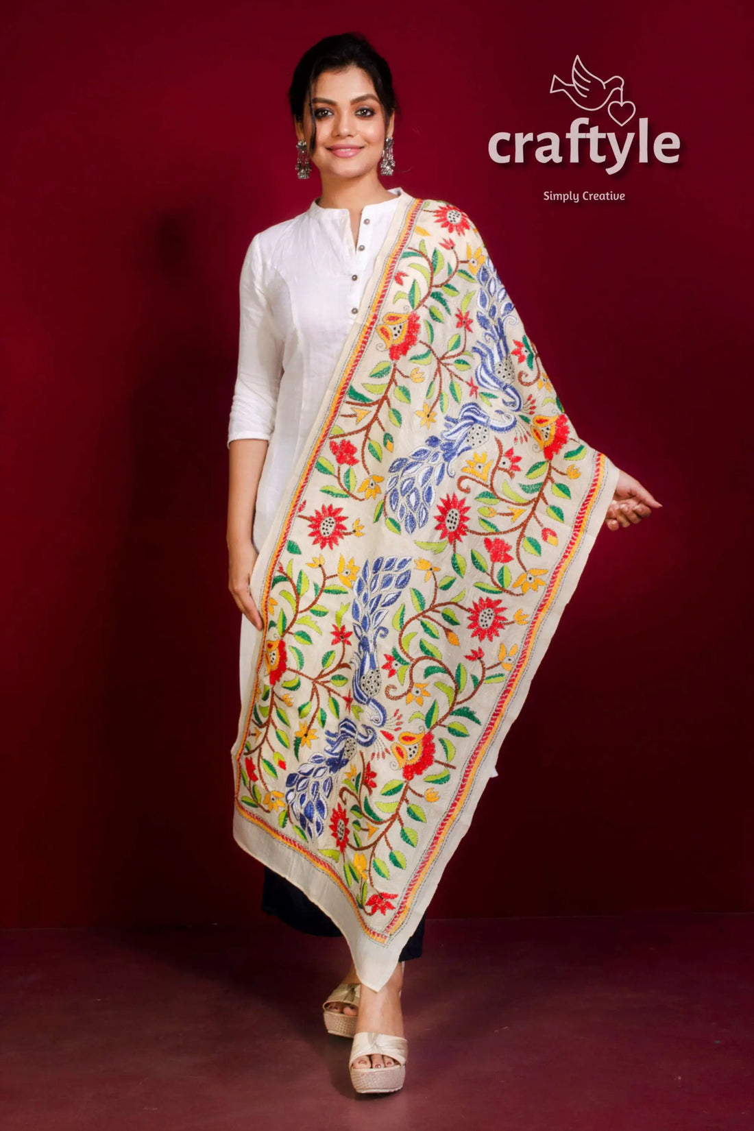 Tussar Silk Embroidered Kantha Stole - Craftyle