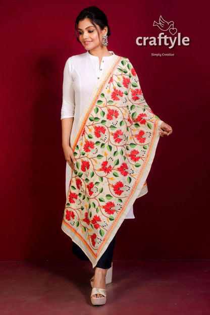 Tussar Silk Embroidered Kantha Stole - Craftyle