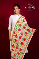Tussar Silk Embroidered Kantha Stole - Craftyle