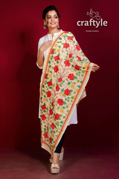 Tussar Silk Embroidered Kantha Stole - Craftyle