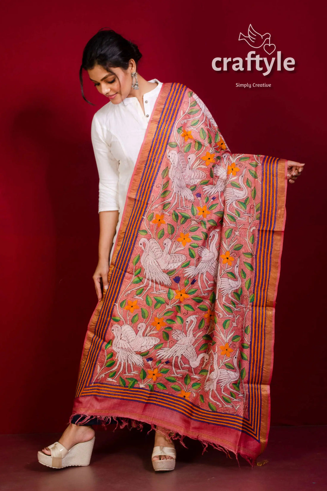 Tussar Silk Kantha Stitch Dupatta - Craftyle